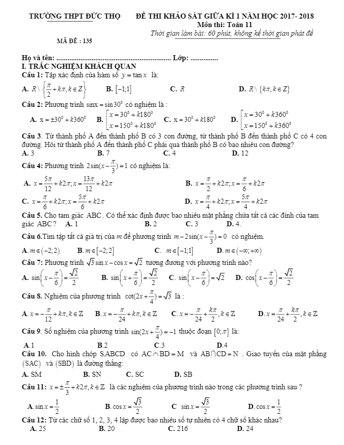 de thi khao sat giua hoc ki 1 hk1 nam hoc 2017 2018 lop 11 mon toan truong thpt duc tho ha tinh d