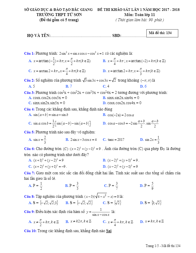 de thi khao sat lop 11 mon toan lan 1 nam hoc 2017 2018 truong thpt tu son bac giang d