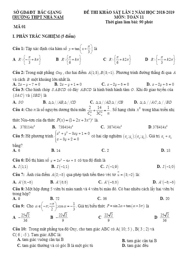 Đề thi khảo sát lớp 11 môn Toán lần 2 năm 2018 2019 trường THPT Nhã Nam Bắc Giang 2 de thi khao sat lop 11 mon toan lan 2 nam 2018 2019 truong thpt nha nam bac giang d