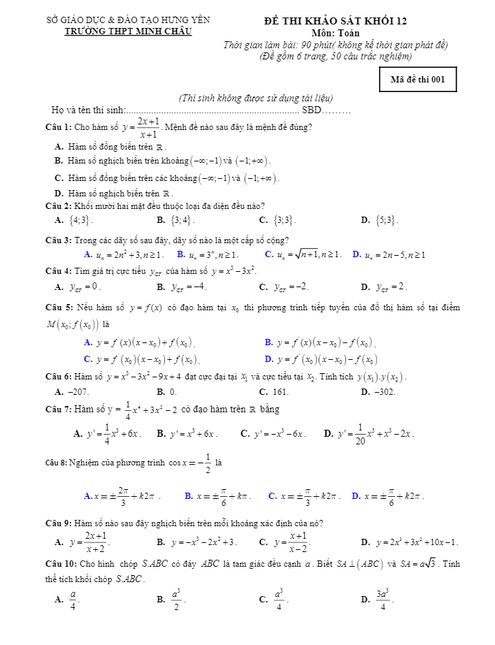 de thi khao sat lop 12 mon toan nam hoc 2018 2019 truong thpt minh chau hung yen d