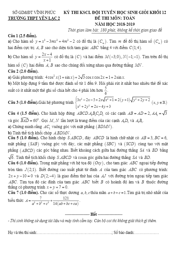 de thi kscl doi tuyen hsg lop 12 mon toan nam 2018 2019 truong yen lac 2 vinh phuc d