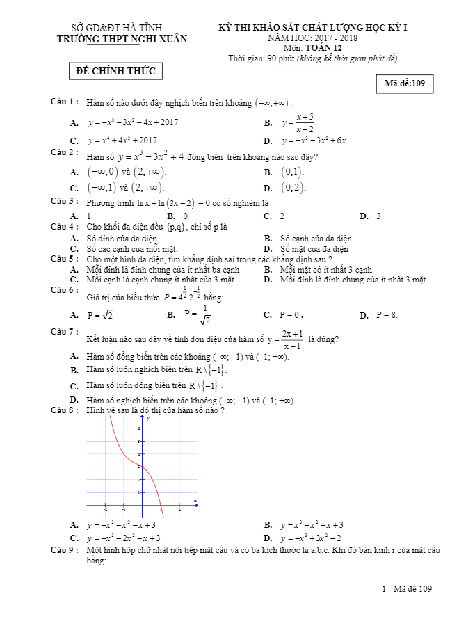 de thi kscl hoc ki 1 hk1 lop 12 mon toan nam hoc 2017 2018 truong thpt nghi xuan ha tinh d