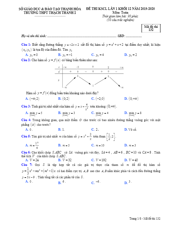 de thi kscl lan 1 lop 12 mon toan nam 2019 2020 truong thach thanh 2 thanh hoa d