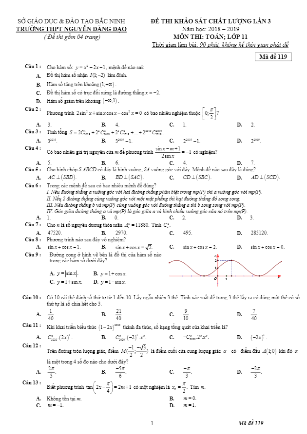 de thi kscl lan 3 lop 11 mon toan nam 2018 2019 truong nguyen dang dao bac ninh d