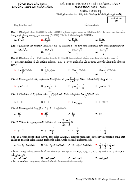 de thi kscl lan 3 lop 12 mon toan nam 2018 2019 truong thpt ly nhan tong bac ninh d