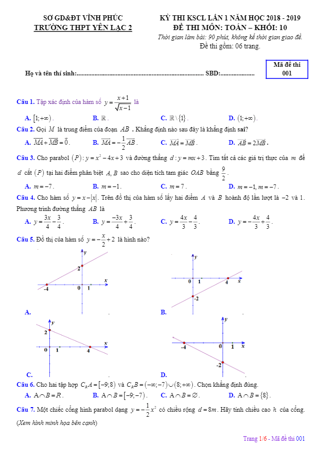 de thi kscl lop 10 mon toan lan 1 nam 2018 2019 truong yen lac 2 vinh phuc d