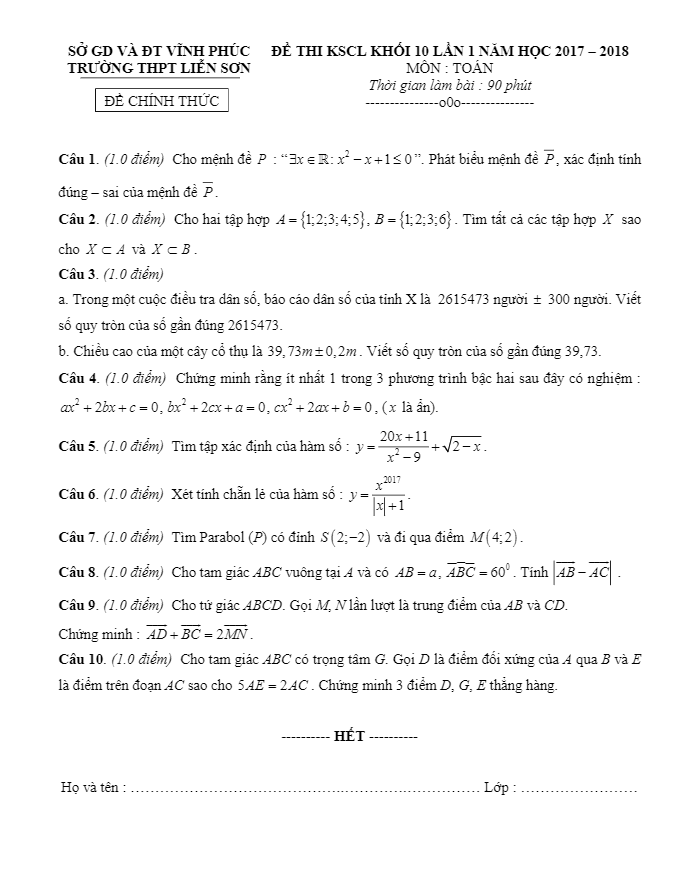 de thi kscl lop 10 mon toan lan 1 nam hoc 2017 2018 truong thpt lien son vinh phuc d