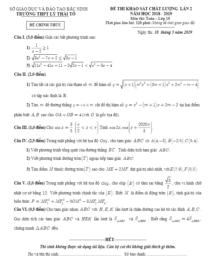 de thi kscl lop 10 mon toan lan 2 nam 2018 2019 truong ly thai to bac ninh d
