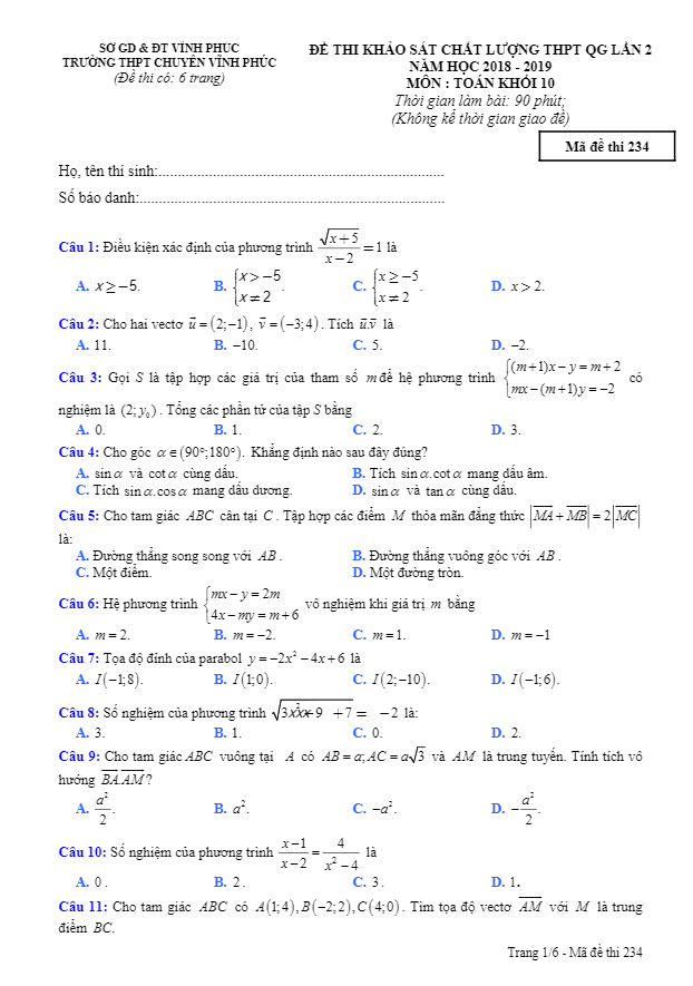 de thi kscl lop 10 mon toan thpt qg lan 2 nam 2018 e28093 2019 truong thpt chuyen vinh phuc d