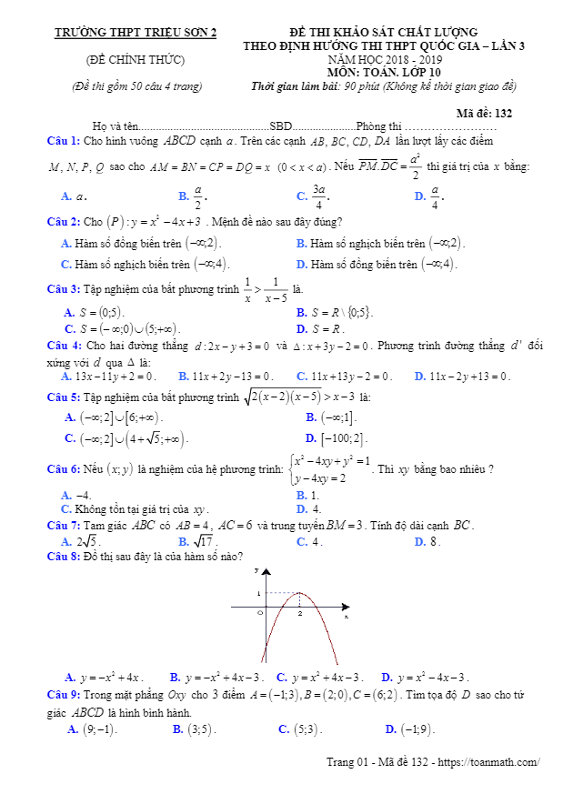 de thi kscl lop 10 mon toan thptqg lan 3 nam 2018 2019 truong trieu son 2 thanh hoa d