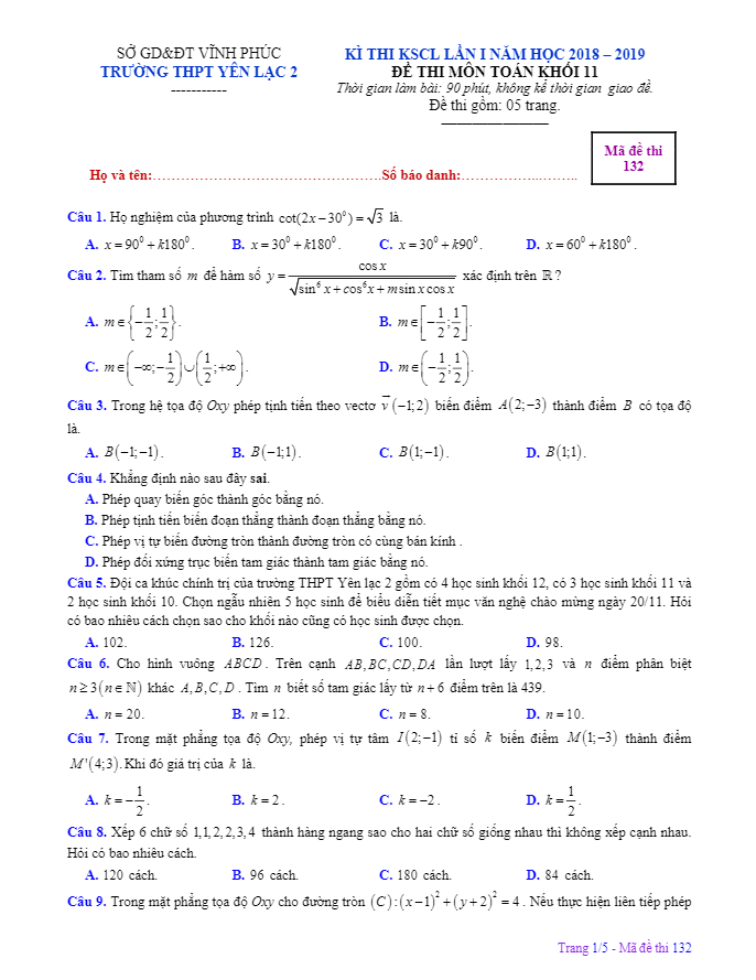 de thi kscl lop 11 mon toan lan 1 nam 2018 2019 truong yen lac 2 vinh phuc d