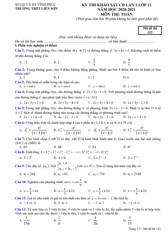 de thi kscl lop 11 mon toan lan 1 nam 2020 2021 truong thpt lien son vinh phuc d