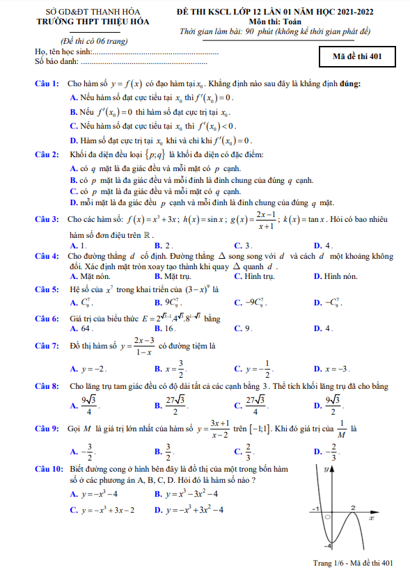 de thi kscl lop 12 mon toan lan 1 nam 2021 2022 truong thpt thieu hoa thanh hoa d