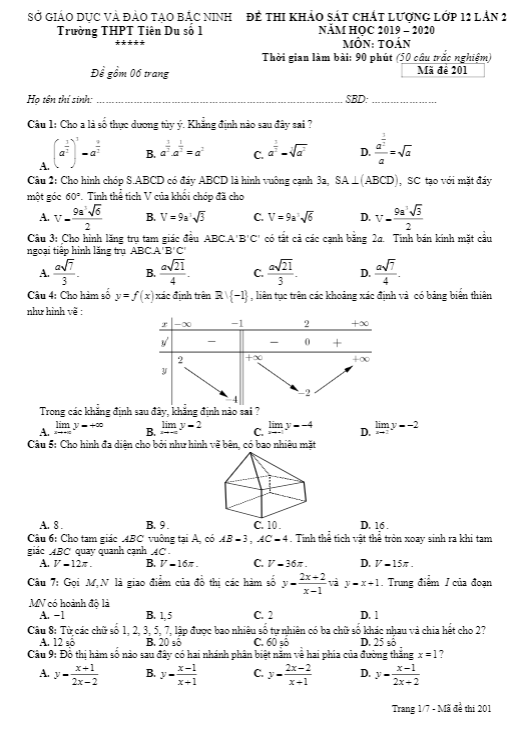 de thi kscl lop 12 mon toan lan 2 nam 2019 2020 truong thpt tien du 1 bac ninh d