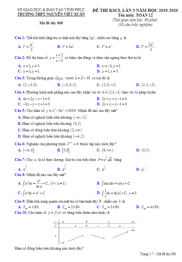 de thi kscl lop 12 mon toan lan 3 nam 2019 2020 truong thpt nguyen viet xuan vinh phuc d