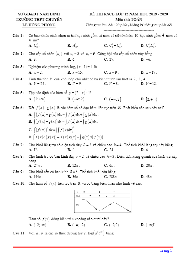 de thi kscl lop 12 mon toan nam 2019 2020 truong chuyen le hong phong nam dinh d