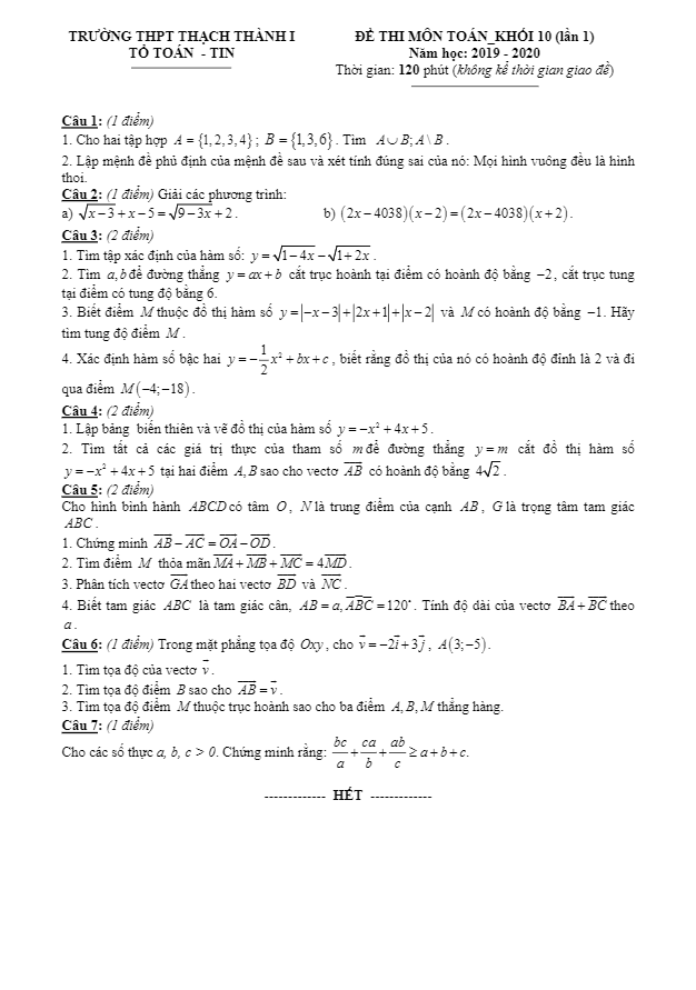 Đề thi lớp 10 môn Toán lần 1 năm 2019 2020 trường THPT Thạch Thành 1 Thanh Hóa 1 de thi lop 10 mon toan lan 1 nam 2019 2020 truong thpt thach thanh 1 thanh hoa d
