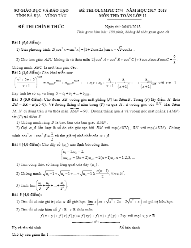 Đề thi Olympic 27/4 lớp 11 môn Toán năm 2017 2018 sở GD và ĐT Bà Rịa Vũng Tàu 5 de thi olympic 27 4 lop 11 mon toan nam 2017 2018 so gd va dt ba ria vung tau d