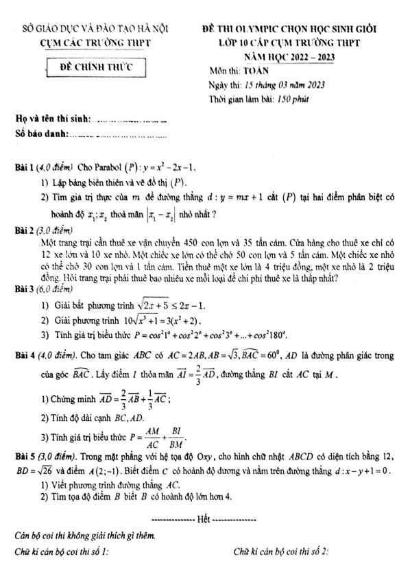 de thi olympic lop 10 mon toan nam 2022 2023 cum cac truong thpt ha noi d