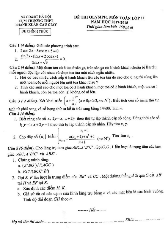 Đề thi Olympic lớp 11 môn Toán năm 2017 2018 cụm trường Thanh Xuân Cầu Giấy Hà Nội 1 de thi olympic lop 11 mon toan nam 2017 2018 cum truong thanh xuan cau giay ha noi d
