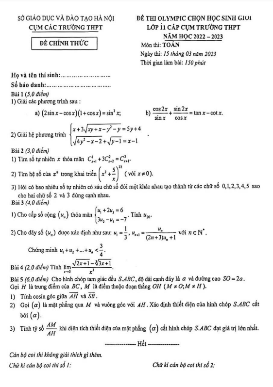 de thi olympic lop 11 mon toan nam 2022 2023 cum cac truong thpt ha noi d