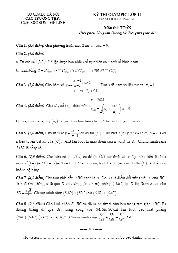 Đề thi Olympic lớp 11 môn Toán năm học 2019 2020 cụm Sóc Sơn Mê Linh Hà Nội 7 de thi olympic lop 11 mon toan nam hoc 2019 2020 cum soc son me linh ha noi d