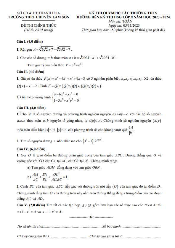 de thi olympic lop 9 mon toan nam 2023 2024 truong chuyen lam son thanh hoa d