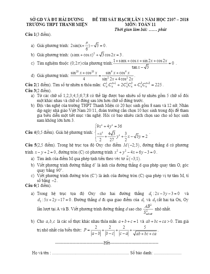 de thi sat hach lan 1 nam hoc 2017 2018 lop 11 mon toan truong thpt thanh mien hai duong d