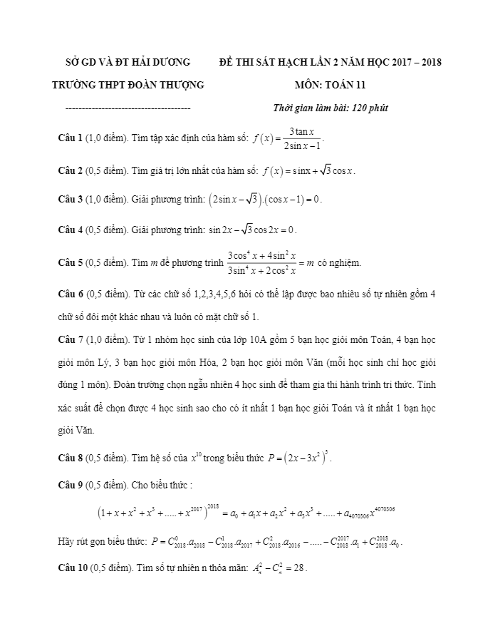 de thi sat hach lop 11 mon toan lan 2 nam hoc 2017 2018 truong thpt doan thuong hai duong d