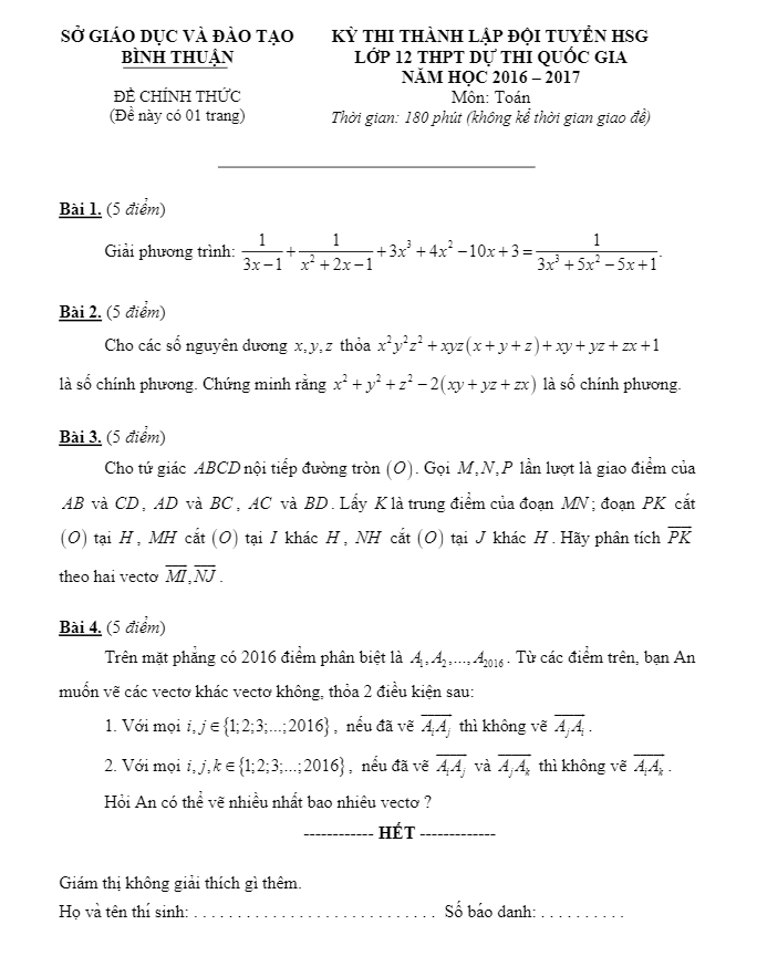 de thi thanh lap doi tuyen hsg lop 12 mon toan du thi quoc gia nam hoc 2016 e28093 2017 so gd va dt binh thuan d