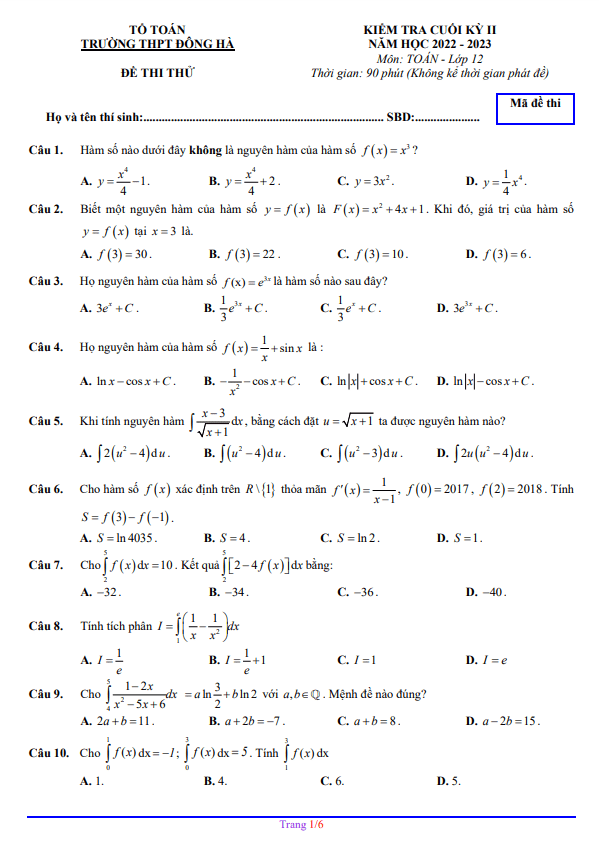 Đề thi thử cuối học kì 2 (HK2) lớp 12 môn Toán năm 2022 2023 trường THPT Đông Hà Quảng Trị 4 de thi thu cuoi hoc ki 2 hk2 lop 12 mon toan nam 2022 2023 truong thpt dong ha quang tri d
