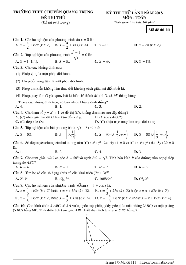 de thi thu lop 11 mon toan lan 1 nam 2018 truong thpt chuyen quang trung binh phuoc d
