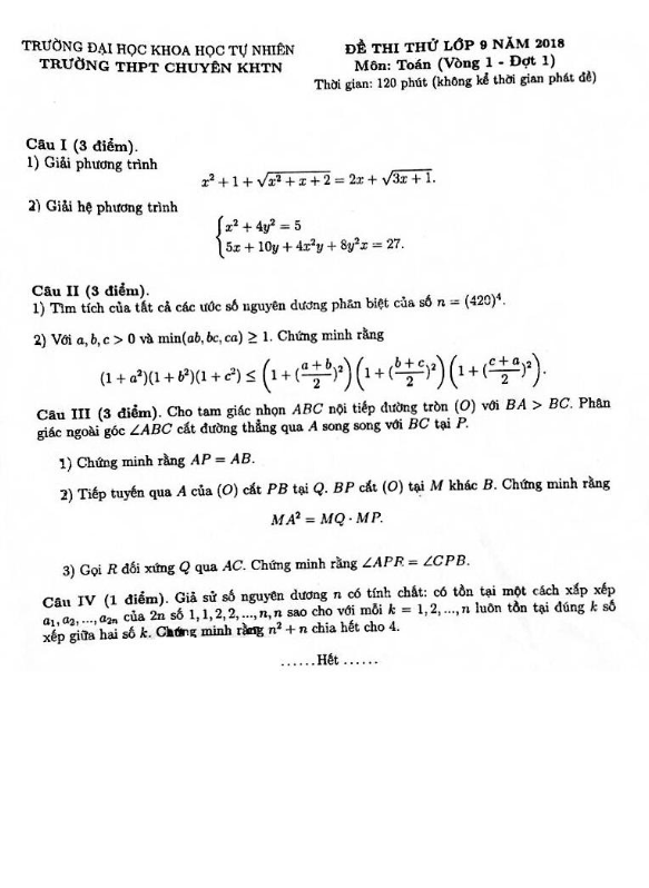 de thi thu lop 9 mon toan nam 2018 truong thpt chuyen khtn ha noi vong 1 dot 1 d