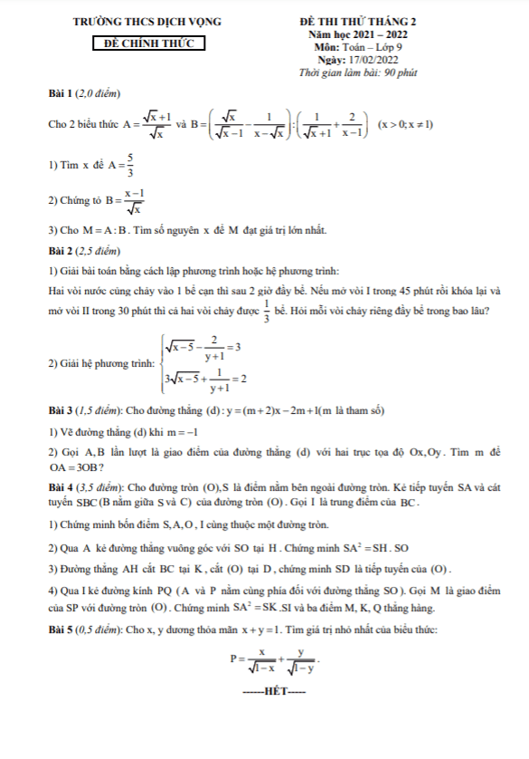 de thi thu lop 9 mon toan thang 2 nam 2022 truong thcs dich vong ha noi d