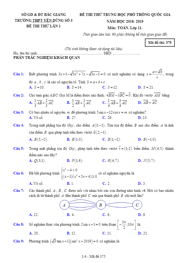 de thi thu thpt quoc gia lop 11 mon toan nam 2018 2019 truong yen dung 3 bac giang lan 1 d