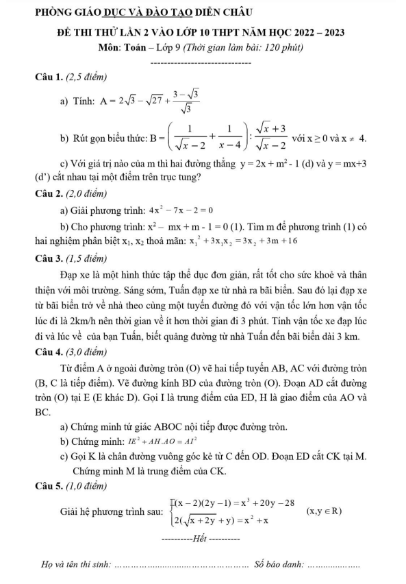 de thi thu toan lan 2 vao nam 2022 2023 phong gd dt dien chau nghe an d