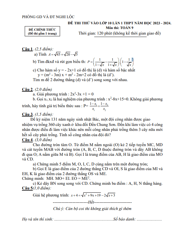 Đề thi thử Toán vào 10 lần 1 năm 2023 2024 trường THCS Nghi Phong Nghệ An 8 de thi thu toan vao 10 lan 1 nam 2023 2024 truong thcs nghi phong nghe an d