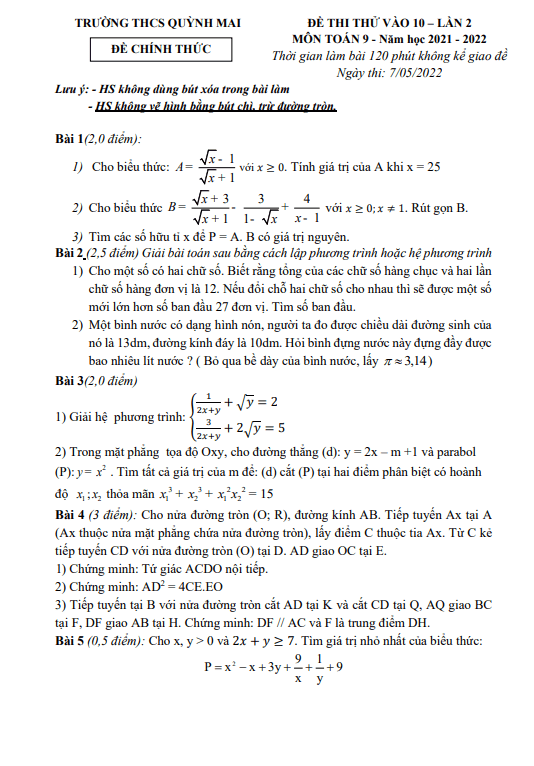 de thi thu toan vao 10 lan 2 nam 2022 truong thcs quynh mai ha noi d
