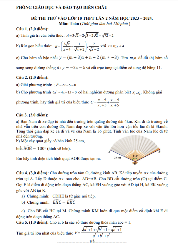 de thi thu toan vao 10 lan 2 nam 2023 2024 phong gd dt dien chau nghe an d