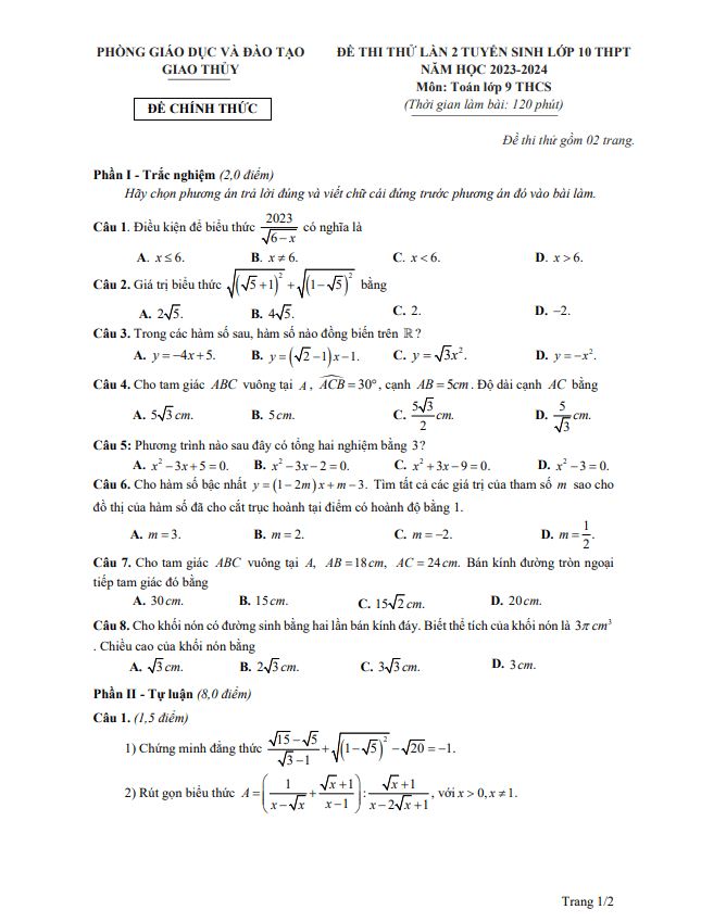 de thi thu toan vao 10 lan 2 nam 2023 2024 phong gd dt giao thuy nam dinh d