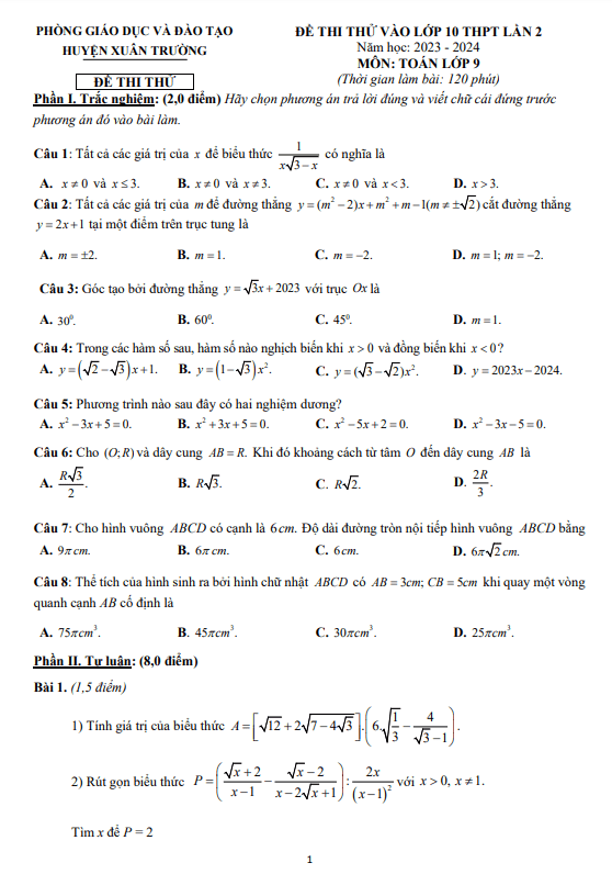 de thi thu toan vao 10 lan 2 nam 2023 2024 phong gd dt xuan truong nam dinh d