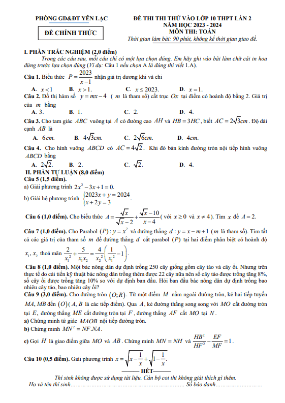 de thi thu toan vao 10 lan 2 nam 2023 2024 phong gd dt yen lac vinh phuc d