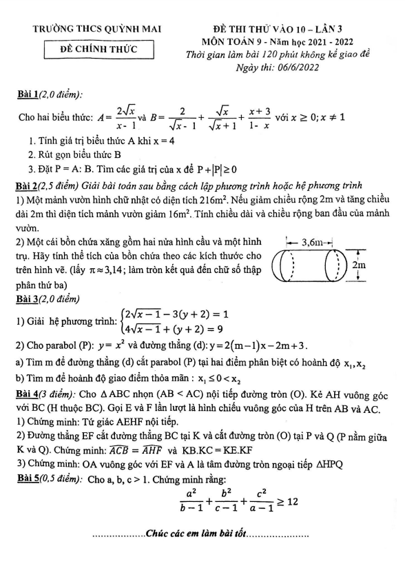 de thi thu toan vao 10 lan 3 nam 2022 truong thcs quynh mai ha noi d