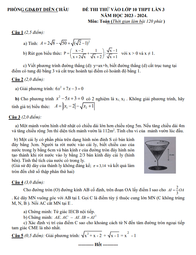de thi thu toan vao 10 lan 3 nam 2023 2024 phong gd dt dien chau nghe an d