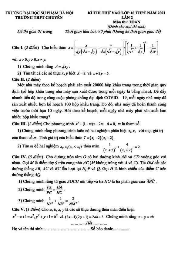 de thi thu toan vao lan 2 nam 2021 truong chuyen dai hoc su pham ha noi d