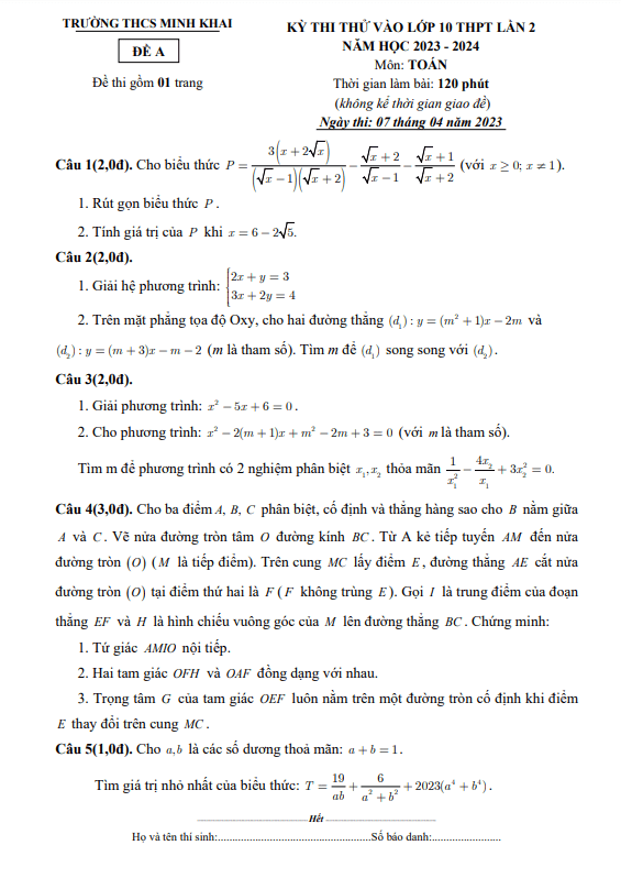 de thi thu toan vao lan 2 nam 2023 2024 truong thcs minh khai ha noi d