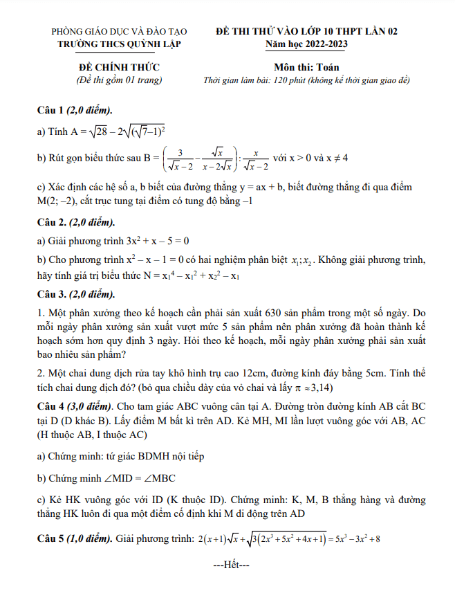 de thi thu toan vao lan 2 nam 2023 truong thcs quynh lap nghe an d