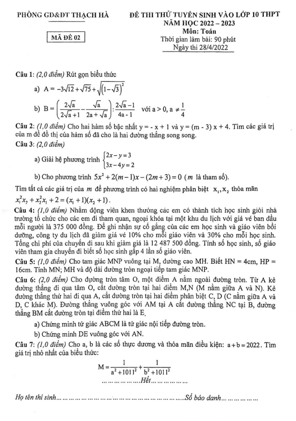 Đề thi thử Toán vào năm 2022 2023 phòng GD ĐT Thạch Hà Hà Tĩnh 1 de thi thu toan vao nam 2022 2023 phong gd dt thach ha ha tinh d