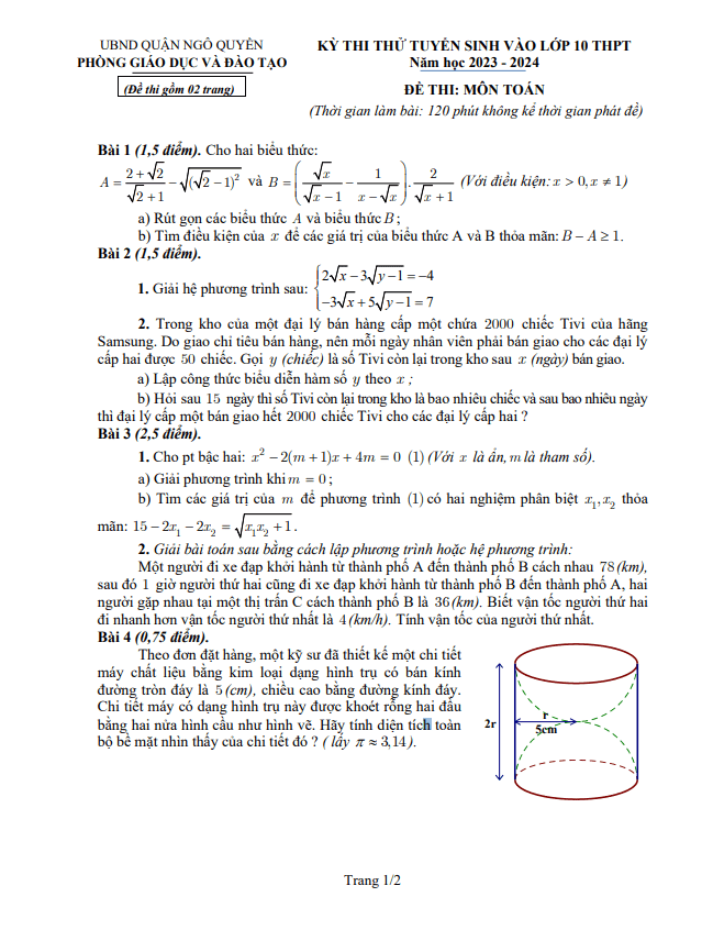 Đề thi thử Toán vào năm 2023 2024 phòng GD ĐT Ngô Quyền Hải Phòng 14 de thi thu toan vao nam 2023 2024 phong gd dt ngo quyen hai phong d