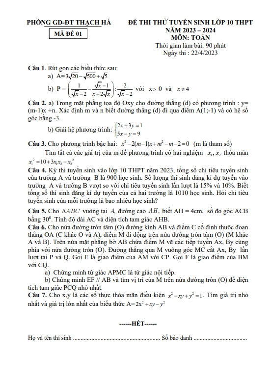 de thi thu toan vao nam 2023 2024 phong gd dt thach ha ha tinh d